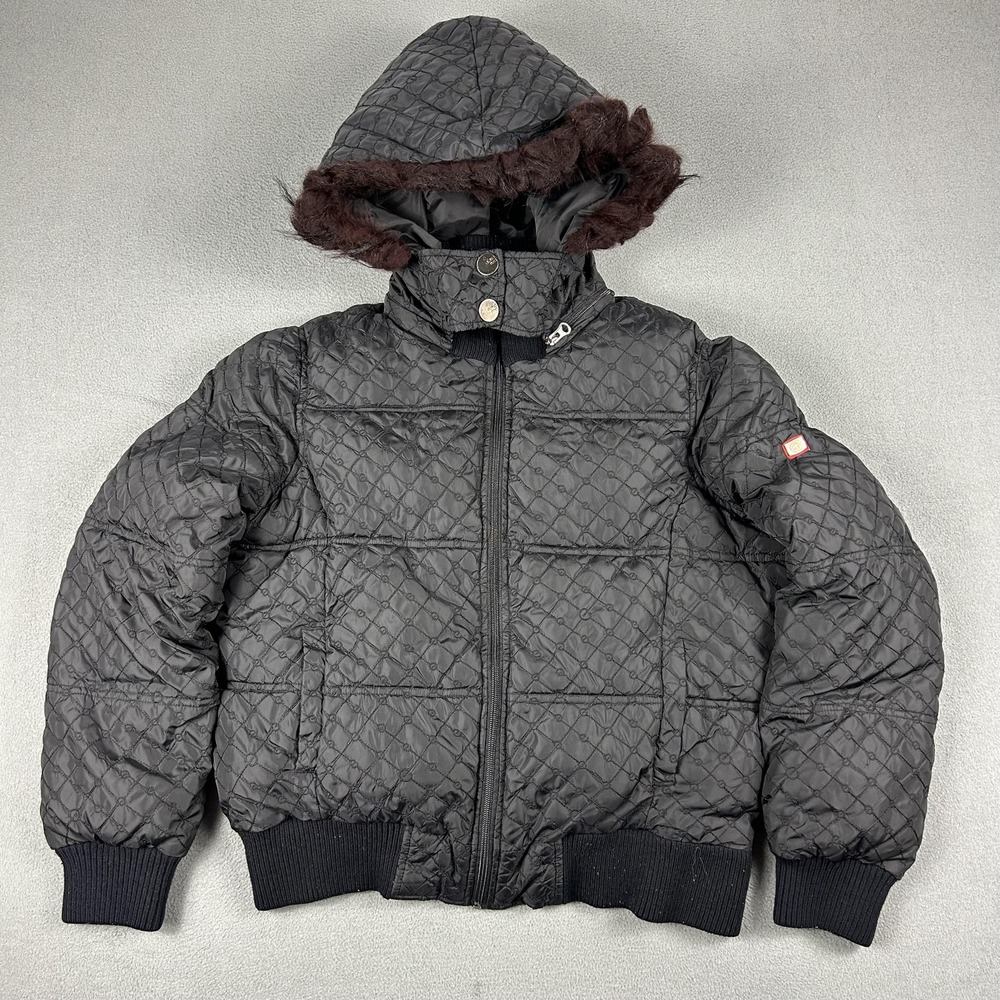 Ecko Red Jacket Womens‎ XL Black Quilted Puffer Hooded Real Fur Bomber Coat